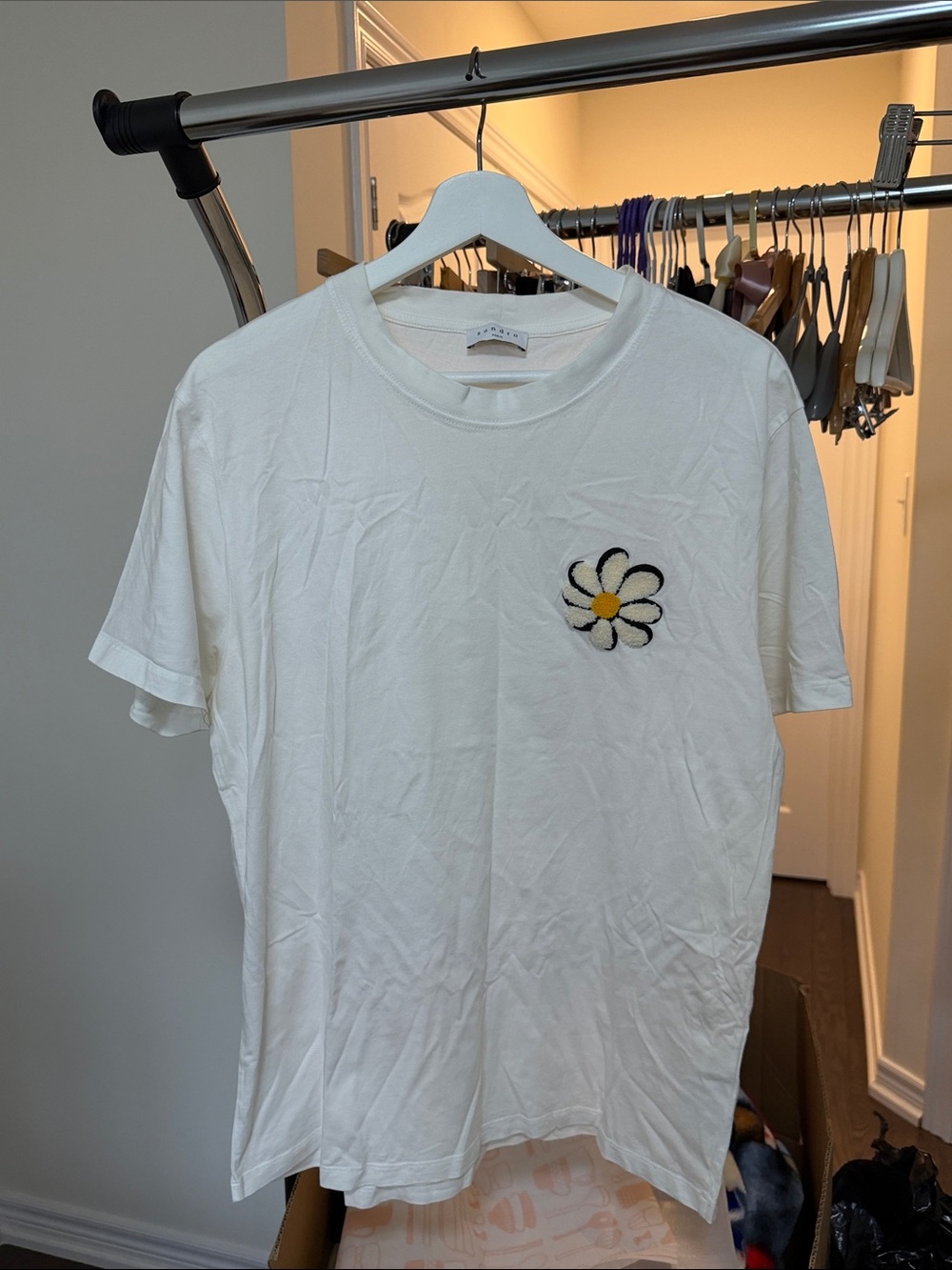 Sandro White Short-Sleeve T-Shirt with Daisy Patch
